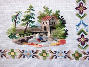 Cross Stitch Sampler, Biedermeier, House at a Pond 