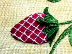 Surface Embroidery, Strawberry, Padded Satin Stitch, Lattice Work, Woven Picot