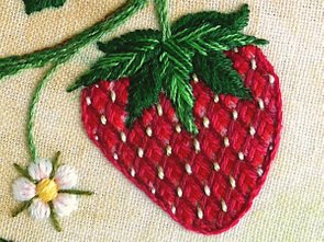 Surface Embroidery, Strawberry, Battlment Couching, Fishbone Stitch