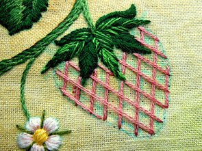 Surface Embroidery, Strawberry, Battlement Couching, Fishbone Stitch